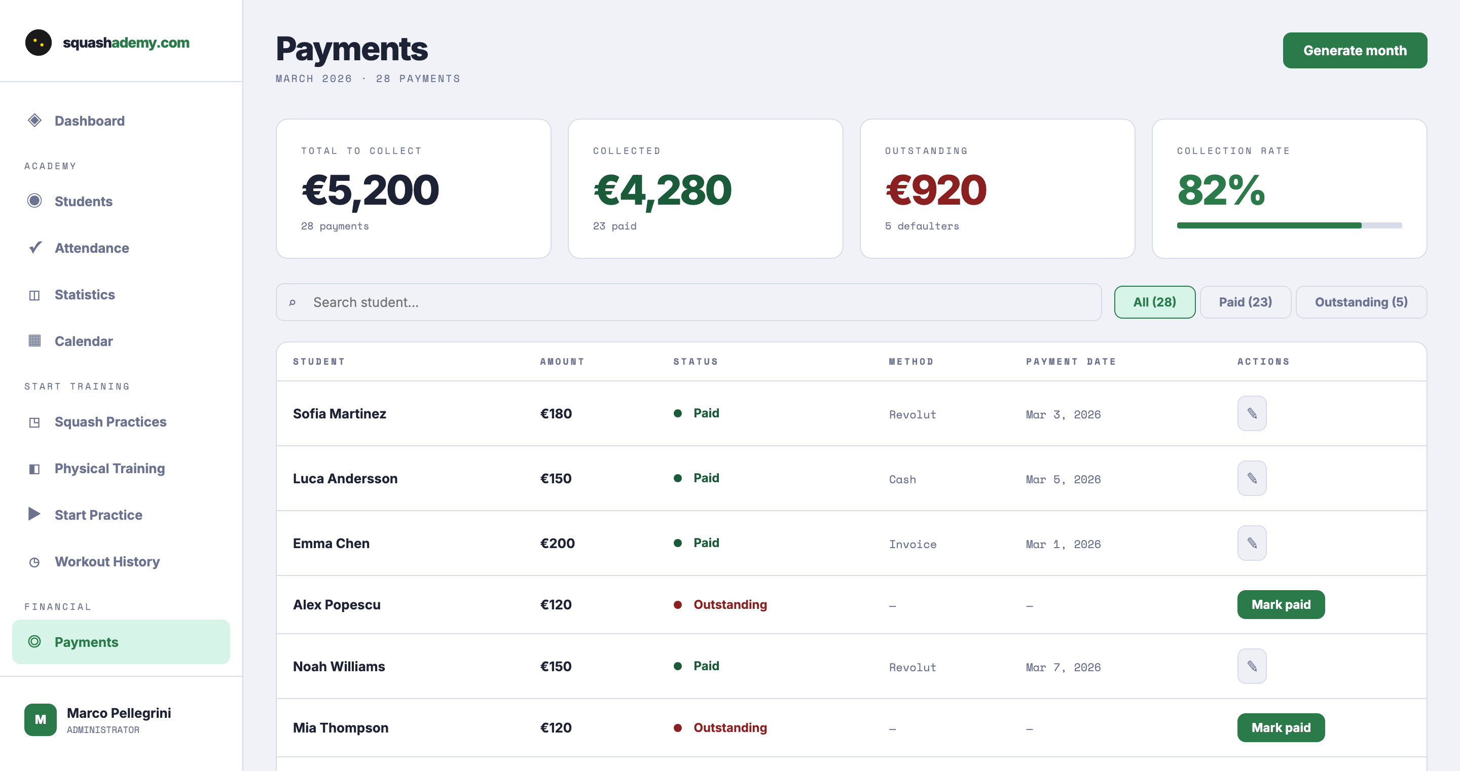 Payment tracking view